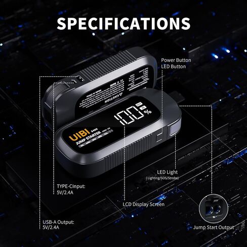 S600 Jump Starter، بطارية السيارة 5000 أمبير، صندوق القفز ببطارية ليثيوم 12 فولت (جميع الغاز/10.0 لتر ديزل) كابلات قافزة مع حزمة بطارية، بنك طاقة مع شحن سريع 65 وات، شاشة LCD، ضوء LED in Saudi Arabia
