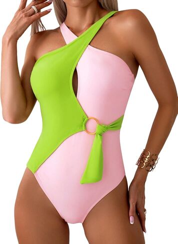 OYOANGLE Women's One Piece Swimsuit Colorblock Criss Cross Cut Out Ring Linked Beachwear Bathing Suits in Saudi Arabia