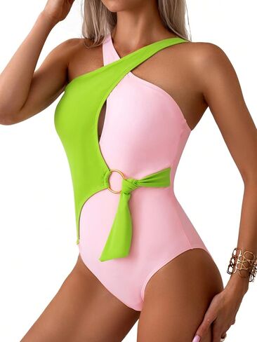 OYOANGLE Women's One Piece Swimsuit Colorblock Criss Cross Cut Out Ring Linked Beachwear Bathing Suits in Saudi Arabia