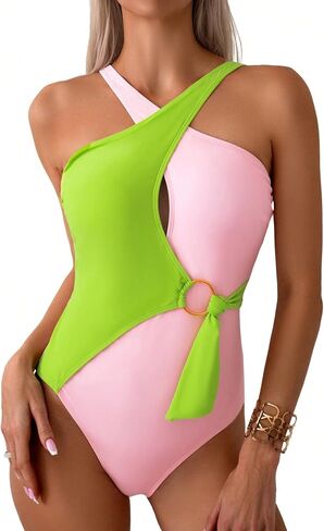 OYOANGLE Women's One Piece Swimsuit Colorblock Criss Cross Cut Out Ring Linked Beachwear Bathing Suits in Saudi Arabia