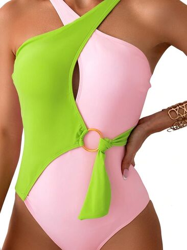 OYOANGLE Women's One Piece Swimsuit Colorblock Criss Cross Cut Out Ring Linked Beachwear Bathing Suits in Saudi Arabia