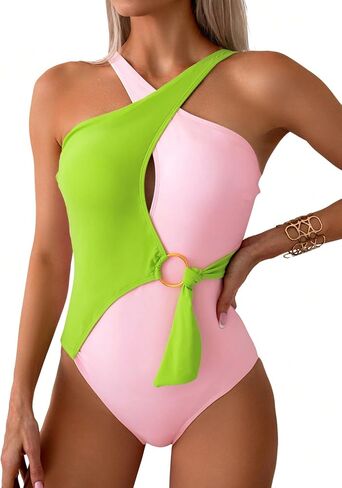 OYOANGLE Women's One Piece Swimsuit Colorblock Criss Cross Cut Out Ring Linked Beachwear Bathing Suits in Saudi Arabia