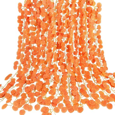 15 Pack Fall Leaf Garland,Hanging Fake Orange Vines Artificial Eucalyptus Leaves Table Wreath for Wedding Party Fireplaces Bedrooms Room Walls Farmhouses Kitchen Cabinet Decorations in Saudi Arabia