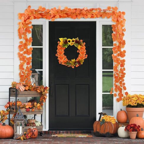 15 Pack Fall Leaf Garland,Hanging Fake Orange Vines Artificial Eucalyptus Leaves Table Wreath for Wedding Party Fireplaces Bedrooms Room Walls Farmhouses Kitchen Cabinet Decorations in Saudi Arabia