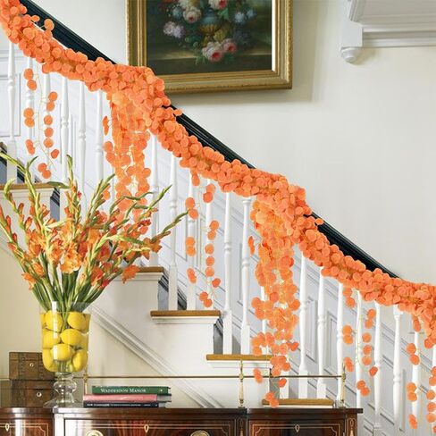 15 Pack Fall Leaf Garland,Hanging Fake Orange Vines Artificial Eucalyptus Leaves Table Wreath for Wedding Party Fireplaces Bedrooms Room Walls Farmhouses Kitchen Cabinet Decorations in Saudi Arabia