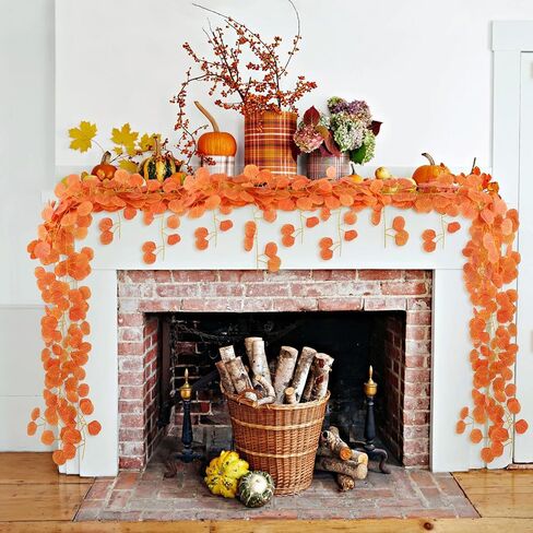 15 Pack Fall Leaf Garland,Hanging Fake Orange Vines Artificial Eucalyptus Leaves Table Wreath for Wedding Party Fireplaces Bedrooms Room Walls Farmhouses Kitchen Cabinet Decorations in Saudi Arabia