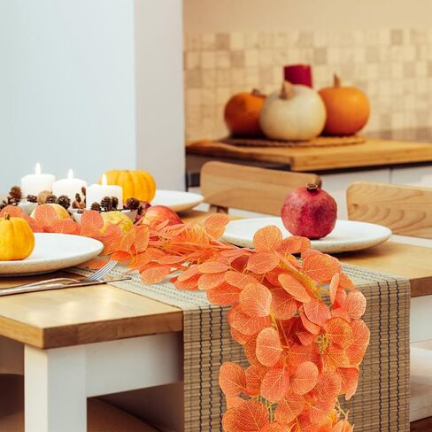 15 Pack Fall Leaf Garland,Hanging Fake Orange Vines Artificial Eucalyptus Leaves Table Wreath for Wedding Party Fireplaces Bedrooms Room Walls Farmhouses Kitchen Cabinet Decorations in Saudi Arabia