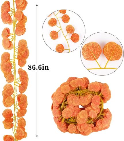 15 Pack Fall Leaf Garland,Hanging Fake Orange Vines Artificial Eucalyptus Leaves Table Wreath for Wedding Party Fireplaces Bedrooms Room Walls Farmhouses Kitchen Cabinet Decorations in Saudi Arabia