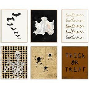 WINDVALE 6 Vintage Halloween Wall Decor,8×10in Bats Spooky Ghost Spider Human Skeleton Wall Art Prints,Retro Halloween Pictures Wall Decor,Halloween poster Decorations for Bedroom Living room Decor