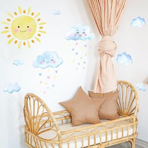 Large Sun Wall Decals，Watercolor White Clouds Wall Sticker，Boy Girl Room Decoration Sun Stickers，Peel and Stick Removable Sun and White Clouds Wall Decor,for Boys and Girls Room, Children's Bedroom.