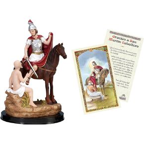 Trendzeen San Martin Caballero Estatua - Oracion A San Martin Caballero - 5 inch San Martin Caballero Statue for Home Decor, Altar - Saint Martin Caballero Statue, Catholic Card Set of 2 Items