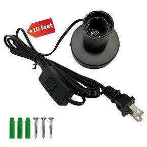 Black Metal E26/E27 Screw Light Socket with 10FT Extension Cord, Hanging Light Cord for Garage,80MM Small Table Lamp Base Ceiling Bulb Holder, On/Off Switch US Plug in Wire (1 Pack)