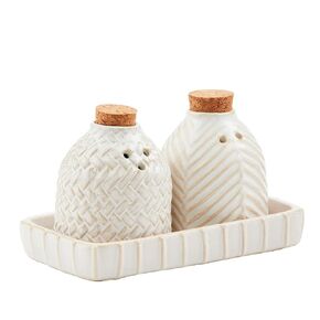 Mud Pie Textured Stoneware Salt & Pepper Set, Shakers 2 1/4" X 2 1/4" Dia | Tray 3" X 5",White
