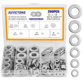 280pcs Stainless Steel Flat Washers Assortment Set,Washers for Screws,Hardware Washers Set in 6 Different Sizes (#8, #10, 1/4", 5/16", 3/8", 1/2")