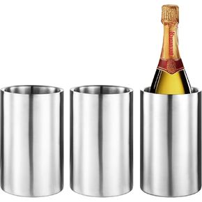 3 Packs Stainless Steel Double Wall Wine Cooler,Wine Chiller Bucket Champagne Ice Bucket, Fits Most Standard Sized Bottles, Silver