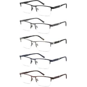 Blue Light Filtering Reading Glasses 5 Pack Computer Metal Half-Frame Spring Hinges Readers for Men,Anti Glare UV