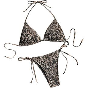 Women's Leopard Print Shirred 2 Piece Bikini Sets Beach Halter Triangle Tops Tie Thong Swimsuits