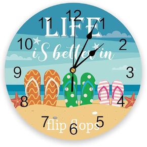 Wall Clock Summer Beach Battery Operated Clocks PVC Silent Non-Ticking Wallclock 10 Inch Life Is Better In Flip Flops Round Wall Clocks for Living Room Bedroom Kitchen Office School Bathroo Decor
