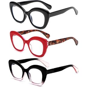 DXYXYO 3 Pack Oversized Cat Eye Reading Glasses for Women Blue Light Blocking, Thick Frame Computer Readers with Spring Hinge