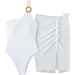 Milumia Women's One Shoulder Swimsuit Ring Tummy Control One-Piece Bathing Suit with Coverup Skirt