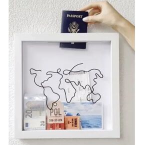2024 Adventure Archive Box: Wooden Ticket Holder with Top Loading Display Case, Featuring a Top Slot, Travel Map World Memento Frame for Airplane, Train, and Concert Tickets (12''*12'')