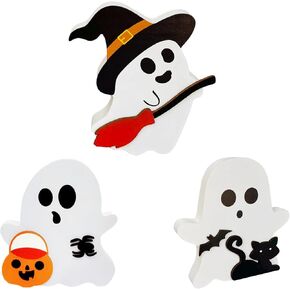 3PCS Cute Ghost Halloween Decorations Indoor, Wooden Tiered Tray Decor Table Sign, Black Cat, Bat, Witch Broom Signs, Pumpkin Blocks for Party Home Decoration