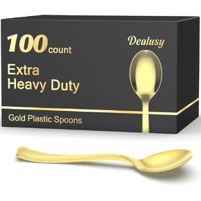 100 Count Heavy Duty Gold Plastic Spoons Disposable, BPA-Free, Heat Resistant, Solid and Durable Gold Spoons Disposable, Premium Plastic Gold Disposable Spoons for Party Supply