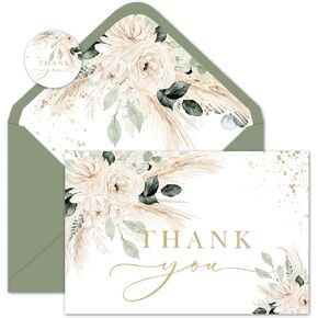 Whaline Blue Lemon Floral Thank You Cards Bulk Watercolor Flower Lemon Thank You Note Cards with Stickers Envelopes Foil Gold Blank Cards for Spring Summer Wedding Baby Shower, 24 Pack