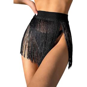 Women's Black Fringe Skirt High Waisted Tassel Skirts Beach Cover Up Belly Dance Hip Mini Skirt Party Costume for Women