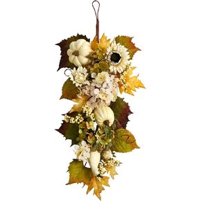 Nearly Natural 33in. Fall Sunflower, Hydrangea and White Pumpkin Artificial Autumn Teardrop