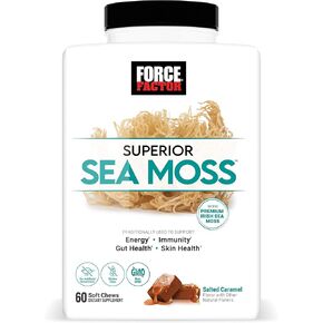 FORCE FACTOR Superior Sea Moss, Premium Irish Sea Moss to Support Energy, Immunity, Gut Health, & Skin Health, Non-GMO, Gluten Free, Salted Caramel Flavor, 60 Soft Chews
