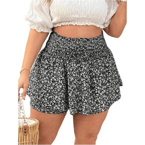 WDIRARA Women's Plus Size Floral Print Ruffle Skorts Boho Shirred Elastic Waist Skirt Shorts