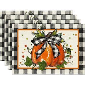 Artoid Mode Pumpkin Buffalo Plaid Fall Placemats Set of 4, 12x18 Inch Seasonal Autumn Table Mats for Outdoor Home Party Dining Decoration