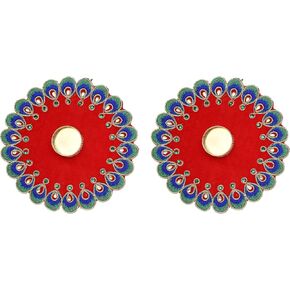 Aditri Creation Set of 2 Red Decorative Mat Rangoli with Metal T-Light Candle Holder Stand for Indian Traditional Cultural Festival Decorations Made up of Golden Embrodaries for Gifting Idea Size 8"