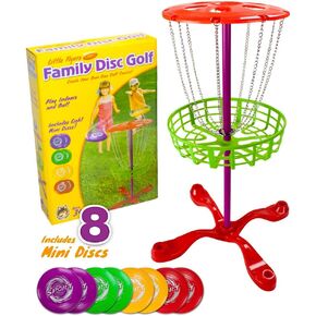 Little Flyers Family Disc Golf and Target Set | 8 Mini Discs and 25-inch Tall Basket | Kids Intro Disc Golf Toy Set | Portable Indoor/Outdoor Yard Games