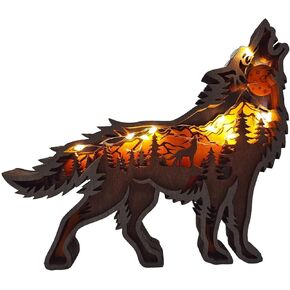 Linwnil Forest Animal Wooden Home Wall Sculptures Ornament,Multi-Layer 3D Wood Carving Art Shelf Table Wood Crafts Home Furnishing (Wolf)