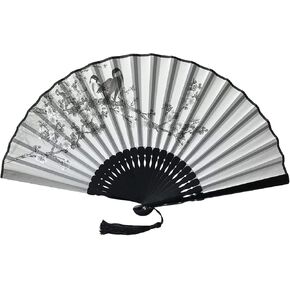 FANSOF.FANS Ink Art Handheld Folding Fan with a Handcrafted Box Fabric Pouch for Women Girls Black and White with Silver Touch Up Durable Folding Fabric Hand Fan (Blue Roses)