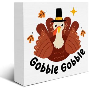 Thanksgiving Decor Gobble Turkey Wooden Sign Farmhouse Autumn Decorations for Home Shelf 5 X 5 Inches