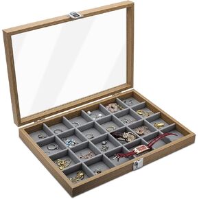 Jewelry Box with Glass Lid, Wood Jewelry Organizer Box, 24 Grid Earring Holder Organizer Jewelry Boxes, Jewelry Organizer Tray with Lock (style 1)