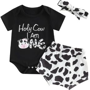 First Birthday Outfit Girl Black Short Sleeve Tassel Hem Tops Cow Print Shorts Western Summer Clothes