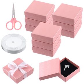 Swpeet 12Pcs Pink 3.5 x 3.5 x 1.2Inch Fan Pattern Cardboard Jewelry Gift Boxes with Scissors and Polyester Ribbon Assortment Kit, Necklace Earring Bracelet Boxes Gift Case for Jewelry Storage