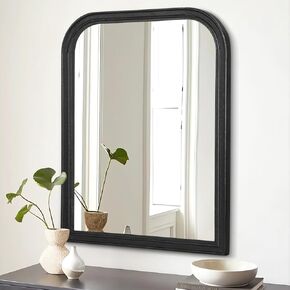 Farmhouse Wooden Framed Hanging Wall Mirror Vintage Rustic Rounded Corner Large Hanging Decorative Mirrors for Home Bedroom Living Room Bathroom Entryway Black