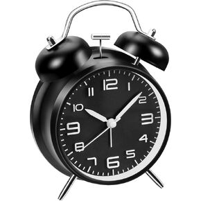 Loud Alarm Clock for Heavy Sleeper, 4 Inches Twin Bell Battery Operated Metal Alarm Clocks with Night Light for Bedrooms, Retro Analog Alarm Clock for Adults, Silent Non-Ticking (Black)