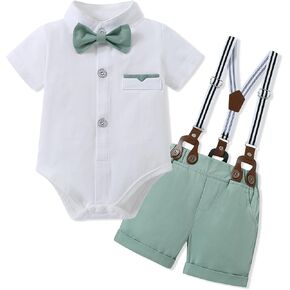 Baby Boy Clothes Suits Summer Spring Dress Short Sleeve Shirt + Bowtie + Suspender Shorts Outfits Sets 6-18M