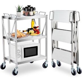 Foldable Utility Service Cart w/ 360°Swivel Wheels Lockable, 330Lbs Load Capacity, XL 3-Tier Tool Carts for Restaurant Garage Office Outdoor Storage and Transport, Stainless Steel Frame