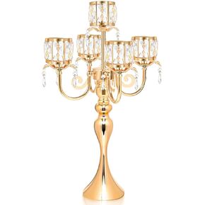 Silver 5 Arm Pendant Square Crystal Candle Holder, 22 Inches Table Decor Classic and Elegant Table Centerpiece Atmosphere Candlestick for Gift Wedding Party Home Decor