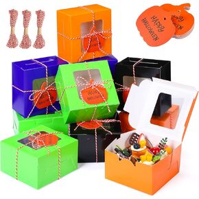 48 Pcs Halloween Cookie Boxes with Window 4 x 4 x 2.8 Inch Halloween Tricks or Treat Boxes Candy Gift Boxes Bakery Dessert Boxes with Pumpkin Gift Cards, 3 Bundle Ropes for Halloween Party