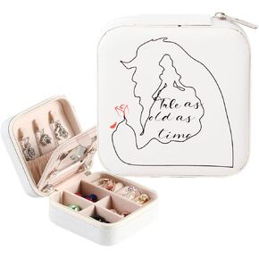 Small Portable Travel Jewelry Box Organizer Earrings Necklaces Ring Display Leather Jewellery Case Storage Girls Women Gift Beauty Beast (Tale as old as time)