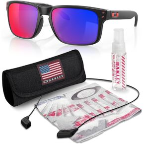 Oakley OO9102 HOLBROOK Square Sunglasses for Men - High Bridge Fit - USA Flag Cleaning Kit and Leash - PREMIUM BUNDLE
