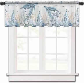 Nautical Coastal Turtle Valance Curtains for Kitchen/Living Room/Bathroom/Bedroom Window,Rod Pocket Small Topper Half Short Window Curtains Voile Sheer Scarf, Coral Starfish Seashell Seahorse 42"x12"